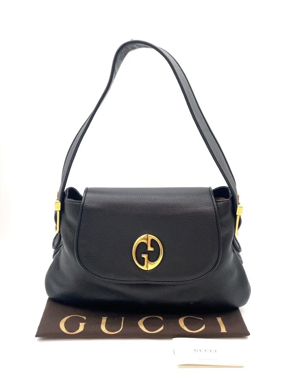 Gucci Black Pebbled Leather Shoulder Hand Bag Gold GG Logo Hardware